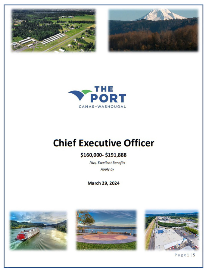 Contributed graphic courtesy Port of Camas-Washougal 
 The Port of Camas-Washougal put out a recruitment brochure earlier this year for its chief executive officer position, to be vacated by David Ripp later this year.