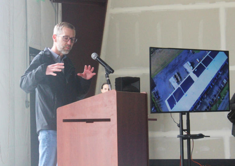 Matt Babbitts, Clark Public Utilities&rsquo; energy resources program manager, speaks during a ribbon-cutting ceremony for CPU&rsquo;s Community Solar East project at the Port of Camas-Washougal industrial park, on March 27, 2024.