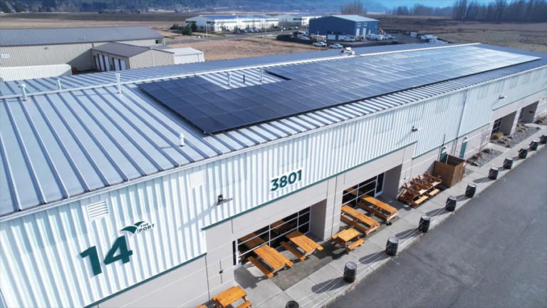 Clark Public Utilities installed solar panels on the roofs of five buildings, including Building 14 (above), at the Port of Camas-Washougal&rsquo;s industrial park in late 2023 and early 2024.