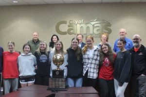 Camas High girls basketball players gather with Camas Mayor Steve Hogan and Camas City Council members, April 15, 2024. (Doug Flanagan/Post-Record)