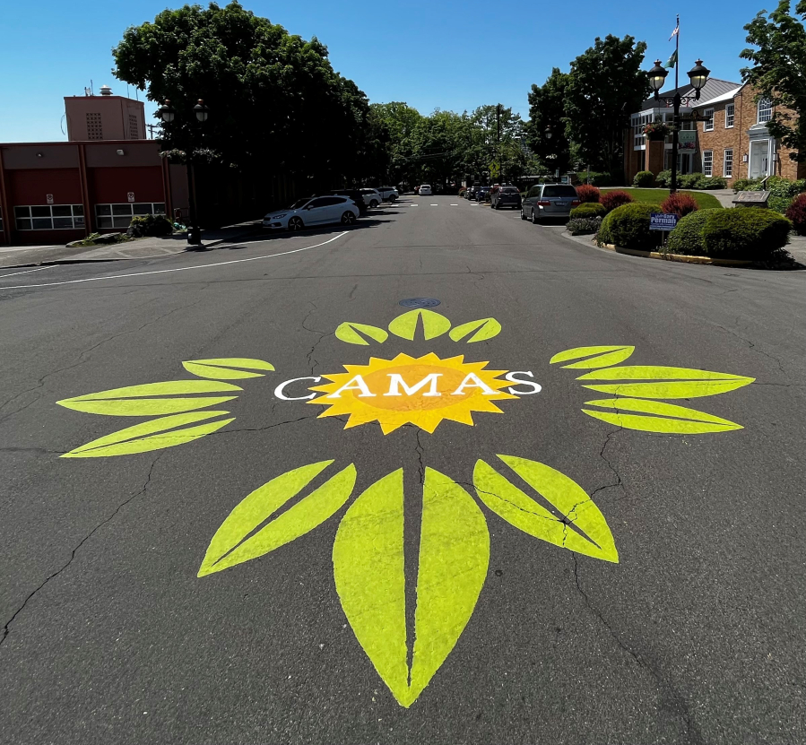 A Camas mural painted on Northeast Fourth Avenue near Camas City Hall and the Camas Public Library is seen in downtown Camas, May 21, 2023. (Kelly Moyer/Post-Record files)