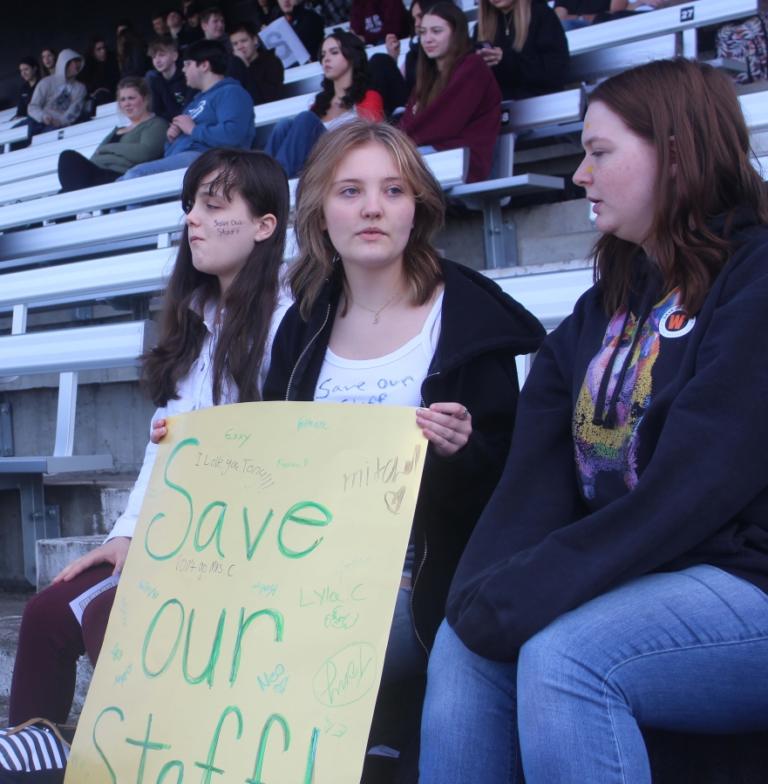 Washougal High School student react to a speech during a student walkout at Fishback Stadium to prostest Washougal School District&rsquo;s proposed budget cuts, April 10, 2024