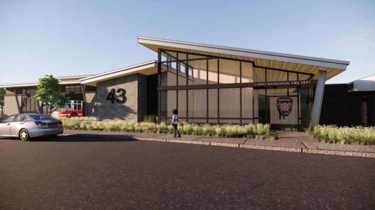 An illustration shows the proposed design for a new fire station in Washougal.