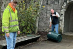 Myron Crumpacker (left),  a city of Washougal public works employee, and Washougal Mayor David Stuebe clean an area next to the pedestrian tunnel near Pendleton Woolen Mills, April 6, 2024, as part of the City&rsquo;s inaugural Parks Pals event. (Contributed photos courtesy of the city of Washougal)