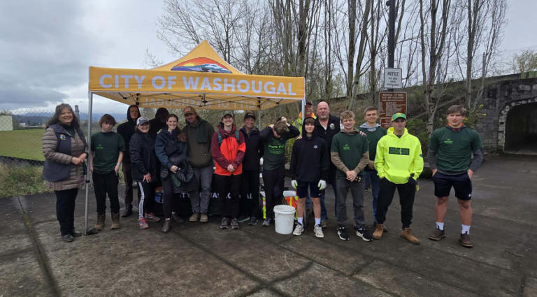 Community volunteers gather at the city of Washougal&rsquo;s first Parks Pals event near Steamboat Landing, April 6, 2024.