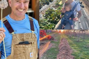 Clockwise from left: Washougal farmer John Spencer raises a flower at the 2023 Camas Farmer's Market; Shady Grove Farm owner Steve Inzalaco works in the field with his son; and farm equipment is seen at the Get To-Gather Farm in Washougal. (Photos courtesy of John Spencer and Camas Farmer's Market)