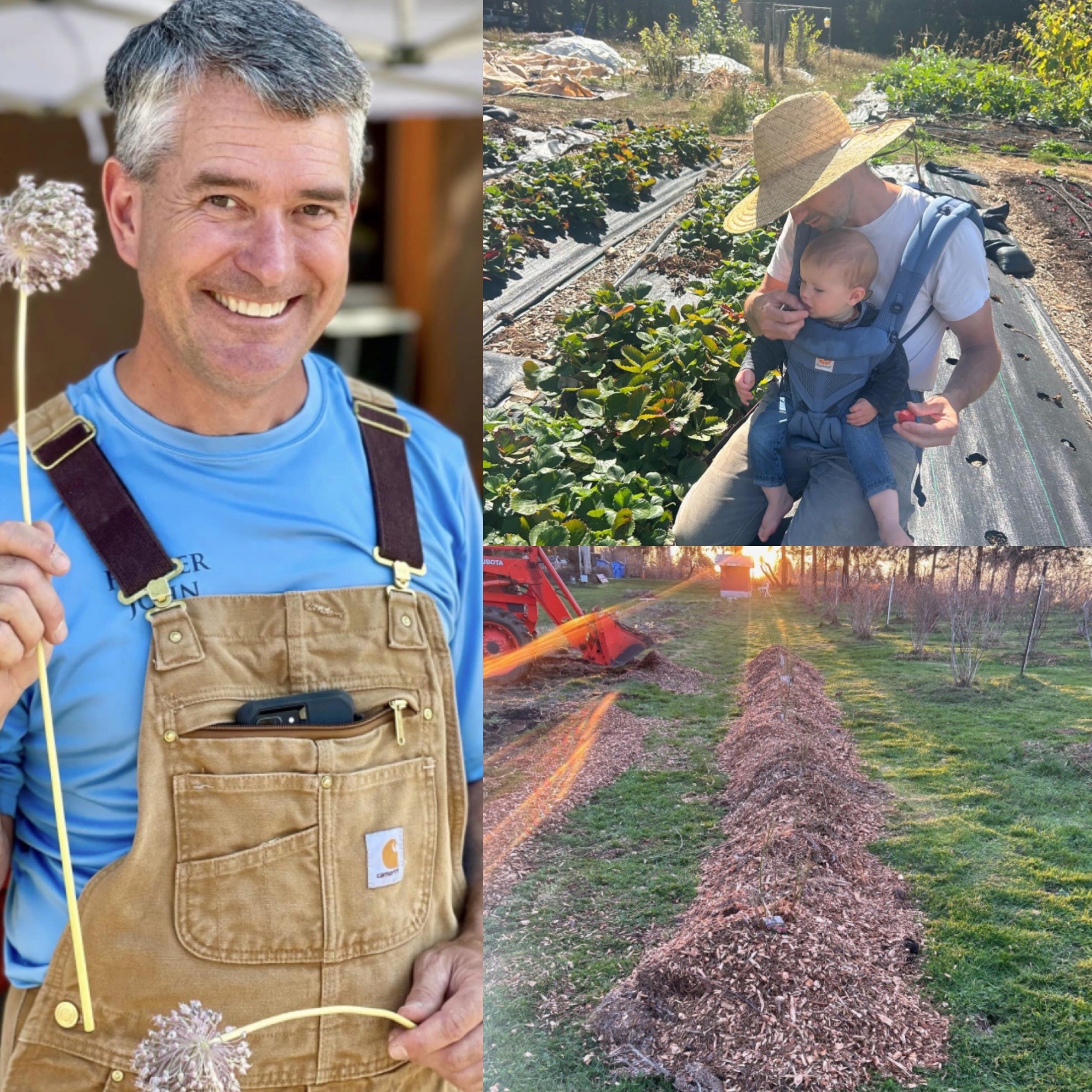 Clockwise from left: Washougal farmer John Spencer raises a flower at the 2023 Camas Farmer's Market; Shady Grove Farm owner Steve Inzalaco works in the field with his son; and farm equipment is seen at the Get To-Gather Farm in Washougal. (Photos courtesy of John Spencer and Camas Farmer's Market)