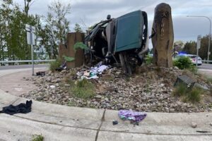 Two people were hospitalized after a vehicle crashed into the Washougal River Road roundabout on Highway 14 on Wednesday, April 24, 2024.  (Contributed photo courtesy of Washington State Patrol)