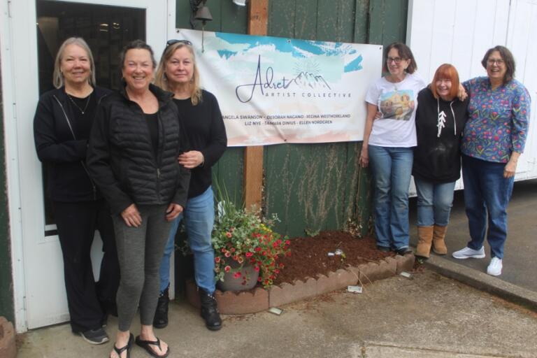 Doug Flanagan/Post-Record 
 The Ardet Artist Collective, consisting of Tamara Dinius (far left), Judi Clark (second from left), Elizabeth Nordgren (third from left), Deborah Nagano (third from right), Elizabeth Nye (second from right), Regina Westmoreland (far right) and Cathy Chang (not pictured) will open The Woodshop Gallery in Washougal on May 10. (Doug Flanagan/Post-Record)