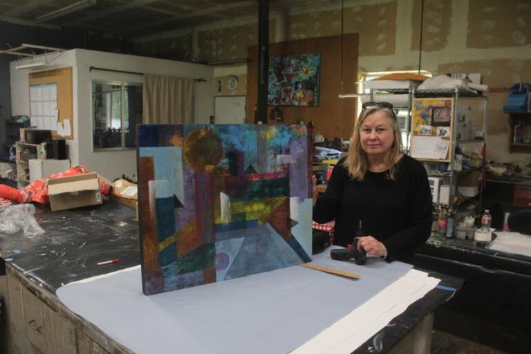 Doug Flanagan/Post-Record 
 Adret Artist Collective member Ellen Nordgren displays her artwork at the Collective&#039;s shared studio space in Washougal on May 2.