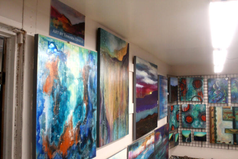 Adret Artist Collective member Tamara Dinius&rsquo; artwork is displayed at the Collective&rsquo;s shared studio space in Washougal on May 2, 2024.