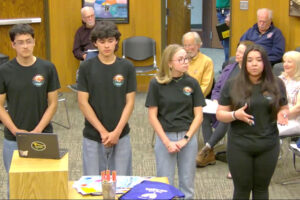 Washougal High School student Joselyn Guajardo (far right) talks about the school’s Breathe Easy group while fellow group members Angel Garibay-Villa (far left), Eduardo Gonzalez-Campos (second from left), and Gabriella McCormick (second from right) listen during a Washougal City Council meeting held April 22, 2024. (Screenshot by Doug Flanagan/Post-Record)