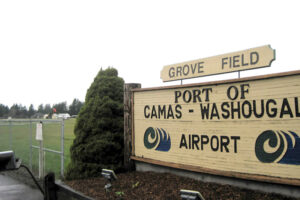 A sign greets visitors to the Port of Camas-Washougal’s Grove Field airport north of Camas in 2020. The Port will hold an open house on Wednesday, June 5, 2024, to discuss its request to annex Grove Field into Clark County’s urban growth boundary. (Post-Record file photo)