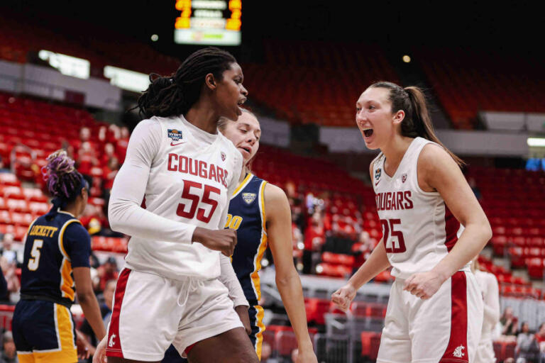Contributed photo courtesy of Ashley Davis/Washington State University   Washington State University forwards Beyonce Bea (right) and Bella Murekatete celebrate during the Cougars&#039; Women&#039;s Basketball Invitation Tournament game against Toledo on March 28, 2024.