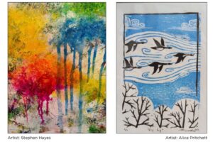 The Second Story Gallery, located on the second floor of the Camas Public Library in downtown Camas, is hosting the artwork of local artists Stephen Hayes (left) and Alice Pritchett (right) through the month of June 2024. (Contributed photo courtesy of the city of Camas)