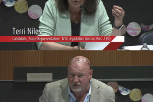 Terri Niles (top), a Democratic candidate for Washington’s 17th Legislative District, Position 2, and Washougal Mayor David Stuebe, a Republican candidate for the 17th District, Position 2 seat, speak during a League of Women Voters of Clark County candidate forum held Wednesday, June 26, 2024. (Screenshots by Kelly Moyer/Post-Record)