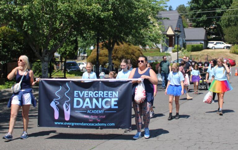 Members of the Evergreen Dance Academy wait for the start of the 2024 "America the Beautiful" themed Camas Days Kids Parade near the Camas Public Library, Friday, July 26, 2024. (Kelly Moyer/Post-Record)