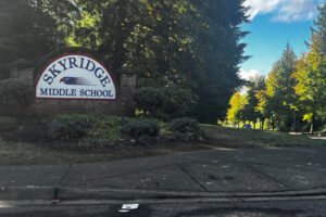 A sign welcomes visitors to Skyridge Middle School in Camas on Thursday, Sept. 26, 2024. (Kelly Moyer/Post-Record)
