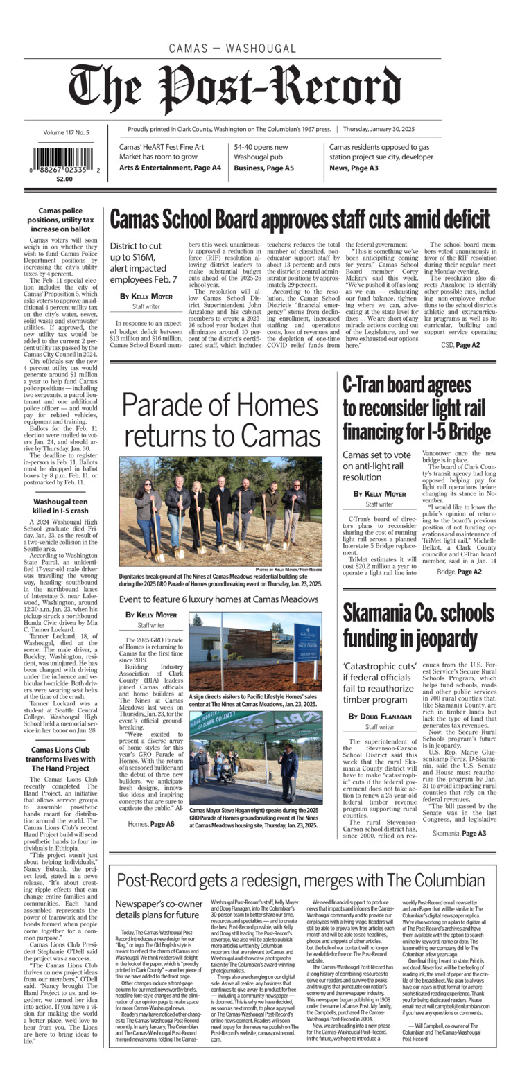 Thursday, Jan. 30th, 2025 Camas-Washougal Post-Record newspaper front page
