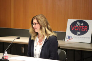 Camas City Councilwoman Bonnie Carter attends a League of Women Voters of Clark County candidate forum at the Vancouver Community Library, Oct. 4, 2023. (Kelly Moyer/Post-Record files)