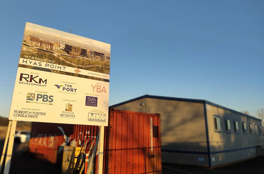 A sign stands on the west side of the Hyas Point waterfront development construction site on Wednesday, Jan. 15, 2025. (Doug Flanagan/Post-Record)
