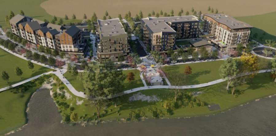 An illustration by RKm Development and YBA Architects shows the future look of the Hyas Point development under construction on the Washougal waterfront. The first phase of the development will include four mixed-use buildings housing 276 apartments and 56,000 square feet of retail and restaurant space. (Contributed by YBA Architects)