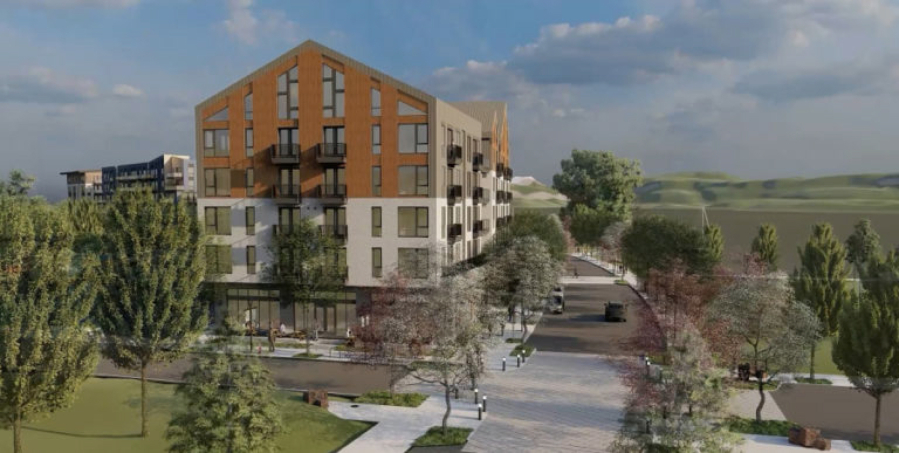 A rendering shows the future Hyas Point on the Washougal waterfront. Construction on the first phase, which will include four mixed-use buildings and a new road, kicked off in late 2024. (Contributed by YBA Architects)
