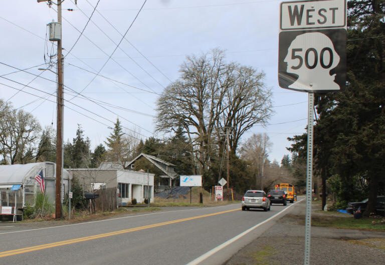 Traffic stops behind a school bus on Northeast Everett Street in Camas on Friday, Feb. 21, 2025.