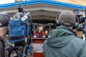 Rep. Marie Gluesenkamp Perez, D-Skamania, answers questions during a press conference at Mount Pleasant School in Washougal. Perez and other local leaders called the press conference to underscore the need to reauthorize the Secure Rural Schools program. (Taylor Balkom/The Columbian)