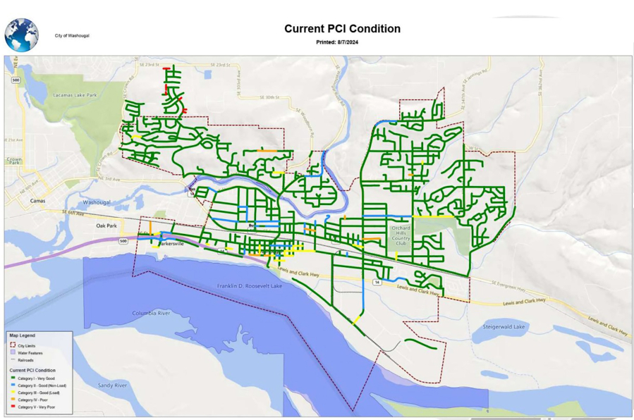 A map of Washougal, made by Silverton, Ore.-based Capitol Asset & Pavement Services, shows that more than 93 percent of the city’s streets (in green) are in “good” condition, according to a recent report. (Capitol Asset & Pavement Services)