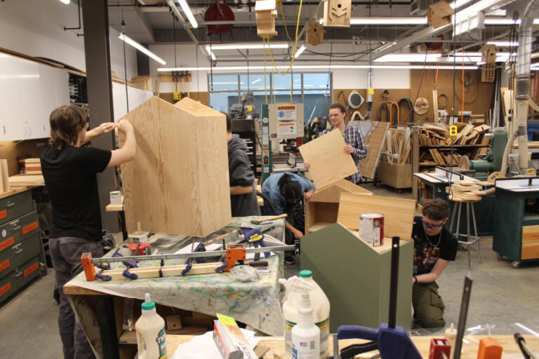 Courtesy of Laura Sheppard
Discovery High School students build &ldquo;little libraries&rdquo; for the Little Wings Library nonprofit organization in March 2025, inside their high school&rsquo;s fabrication lab in Camas.