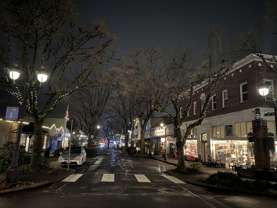 Downtown Camas, pictured above in the early-morning hours of March 14, “feels welcoming and inviting due to the lighting,” unlike downtown Washougal, according to Washougal Business Association president Lori Reed. (Contributed by Lori Reed)