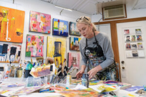 Artist Heidi Curley works Feb. 25, 2025, at her studio in Camas. She recently became certified as an Art4Healing facilitator. (Photos by Taylor Balkom/The Columbian)