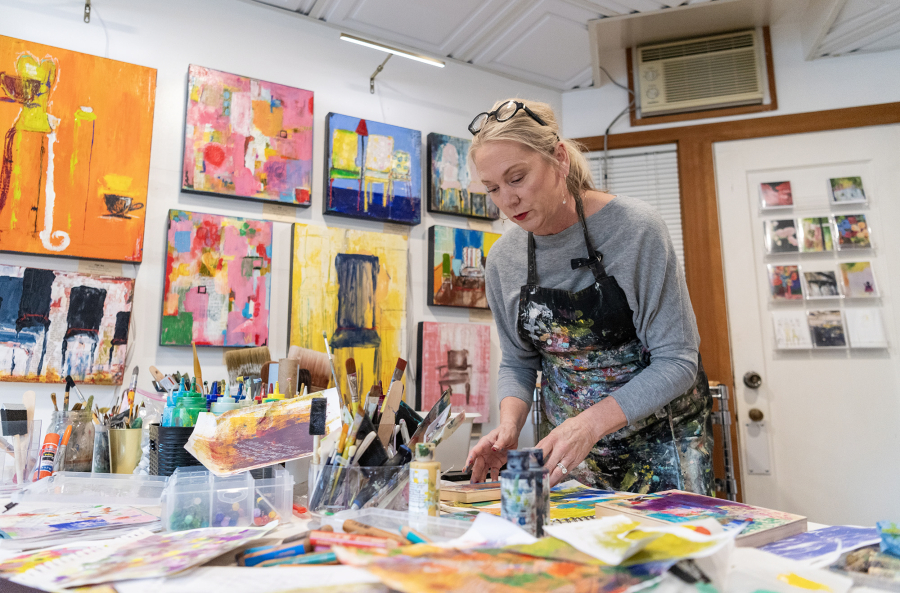 Artist Heidi Curley works Feb. 25, 2025, at her studio in Camas. She recently became certified as an Art4Healing facilitator. (Photos by Taylor Balkom/The Columbian)