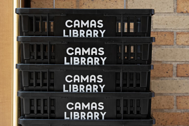 Amanda Cowan/The Columbian 
 The Camas Public Library offers baskets for visitors.