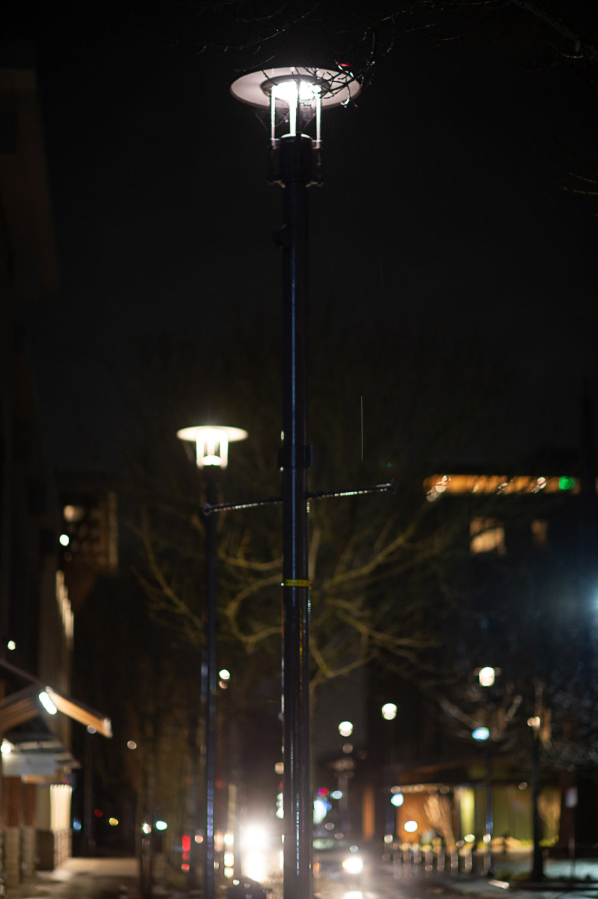 Street lights are sparse on Washougal’s Main Street. (James Rexroad/for The Columbian)