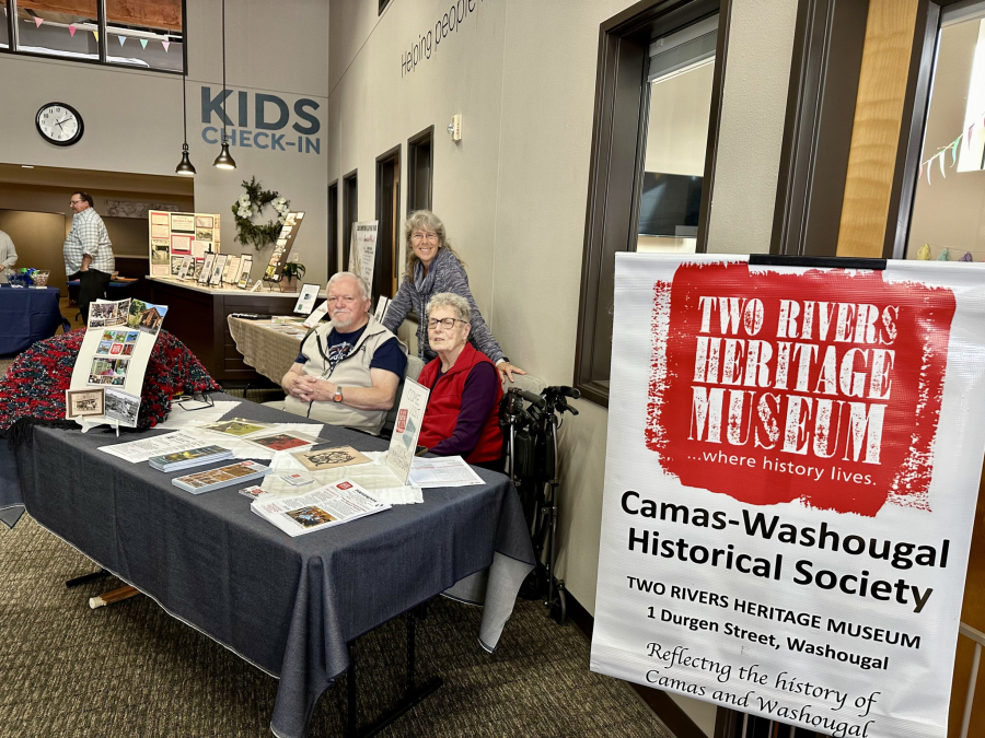 Two Rivers Heritage Museum volunteers attend the Downtown Camas Association’s 2024 “Spring into History” First Friday event on April 5, 2024. (Contributed by the Downtown Camas Association)