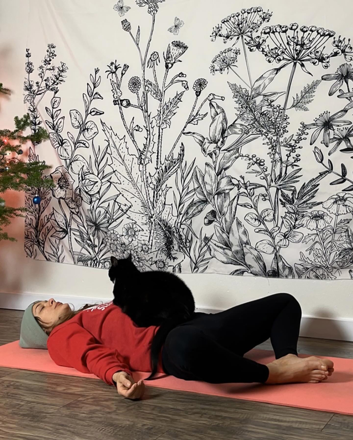 Yuliya Bohan takes a break from a yoga class, with the help of her cat, in an undated photo. (Photo contributed by Yuliya Bohan)