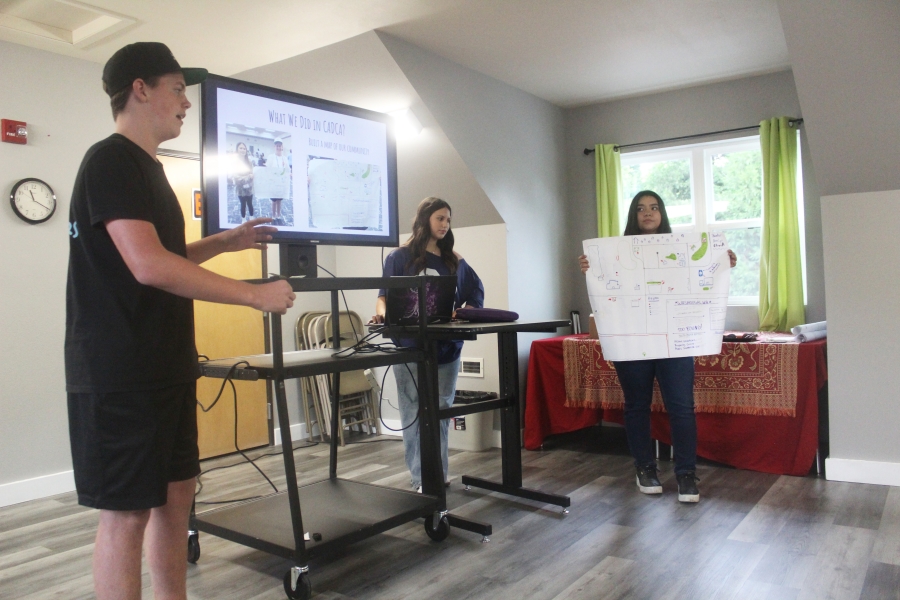 Washougal High School students Hunter Hardin, left, Olivia Alvarez, center, and Joselyn Guajardo speak during a Unite! Washougal meeting held Aug. 22, 2024 at the East County Family Resource Center in Washougal. (Doug Flanagan/Post-Record files)