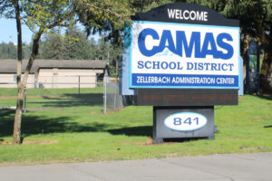 A sign welcomes visitors to the Camas School District headquarters. (Kelly Moyer/The Columbian)