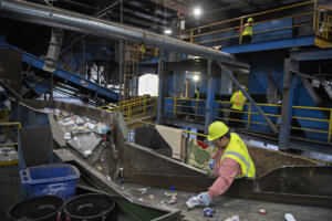 Different types of recycling are sorted as crews work at West Van Material Recovery Center on Nov. 13, 2023. Senate Bill 5284, passed by the Washington Legislature this session, creates a statewide plan for recycling. (Amanda Cowan/The Columbian files)