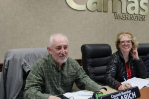 Camas City Councilors John Svilarich, left, and Marilyn Boerke conduct city council applicant interviews inside Camas City Hall on April 8. A Clark County Superior Court judge has advanced efforts to recall Svilarich, who’s facing a felony assault charge. Camas city councilor (Kelly Moyer/Post-Record files)