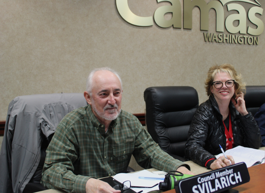 Camas City Councilors John Svilarich, left, and Marilyn Boerke conduct city council applicant interviews inside Camas City Hall on April 8. A Clark County Superior Court judge has advanced efforts to recall Svilarich, who&rsquo;s facing a felony assault charge. Camas city councilor (Kelly Moyer/Post-Record files)