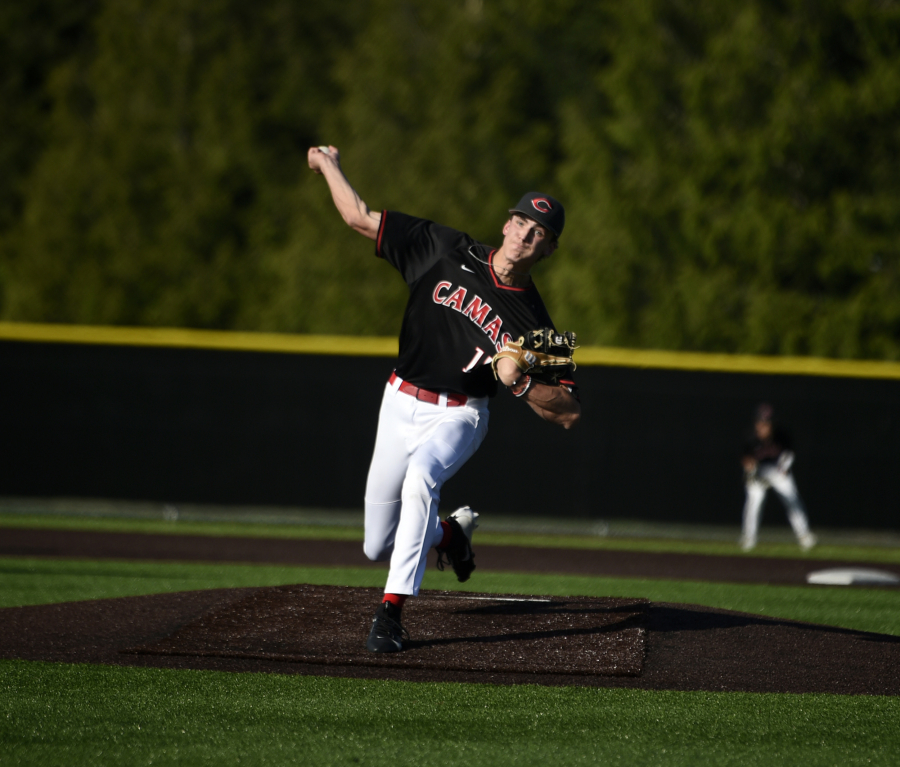 Camas pitcher Charlie Barr held Skyview to just one run on five hits and one walk in an 8-1 victory on Thursday. (Tim Martinez/The Columbian)